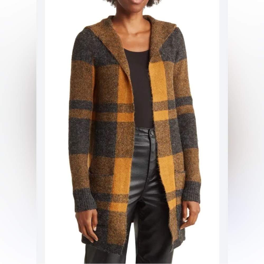 Cyrus Plaid Hooded Sweater Coat In Golden Spice in burnt orange and black
